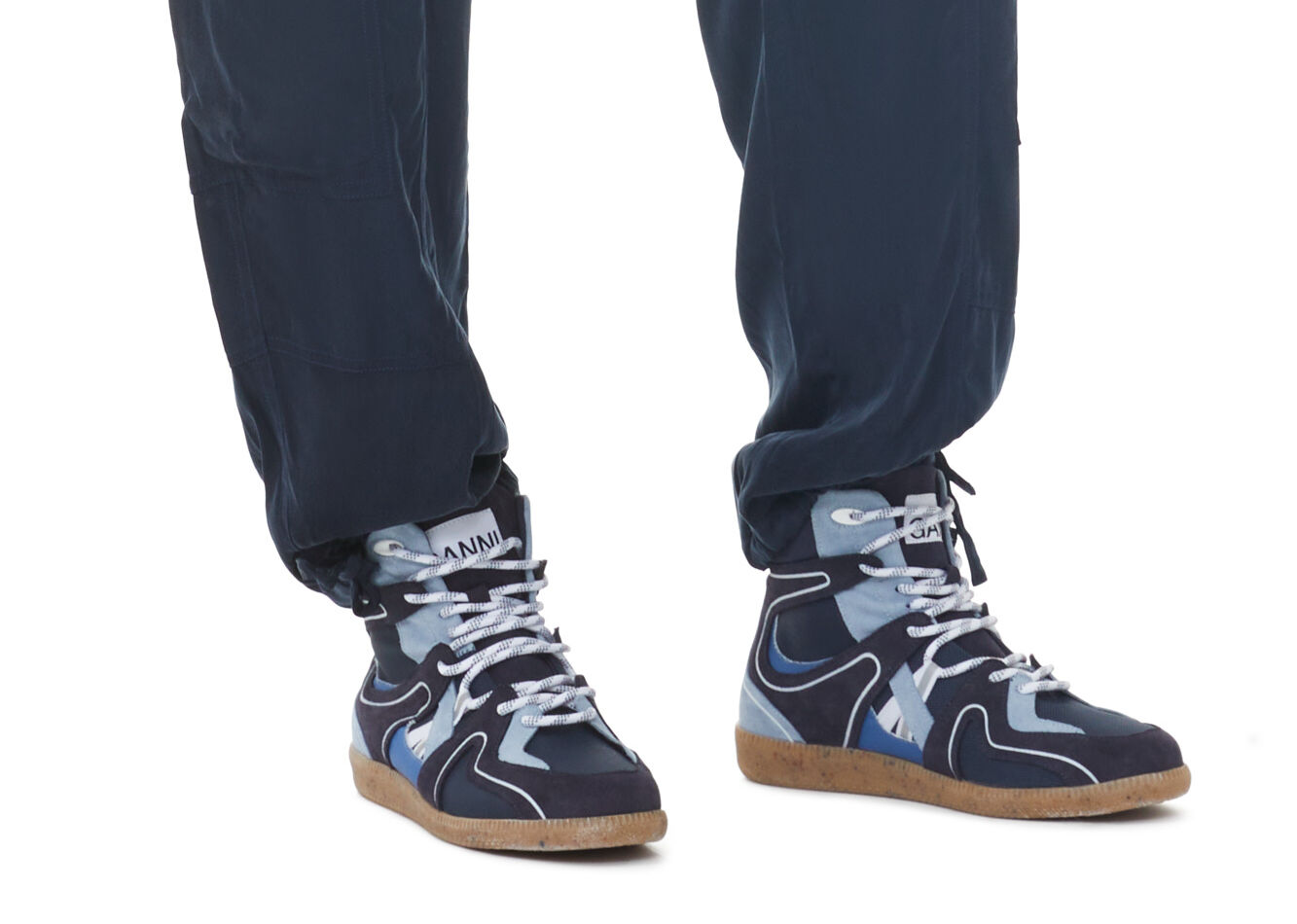 Blue High-top Sporty Mix Retro Sneakers, Cow leather, in colour Sky Captain - 1 - GANNI