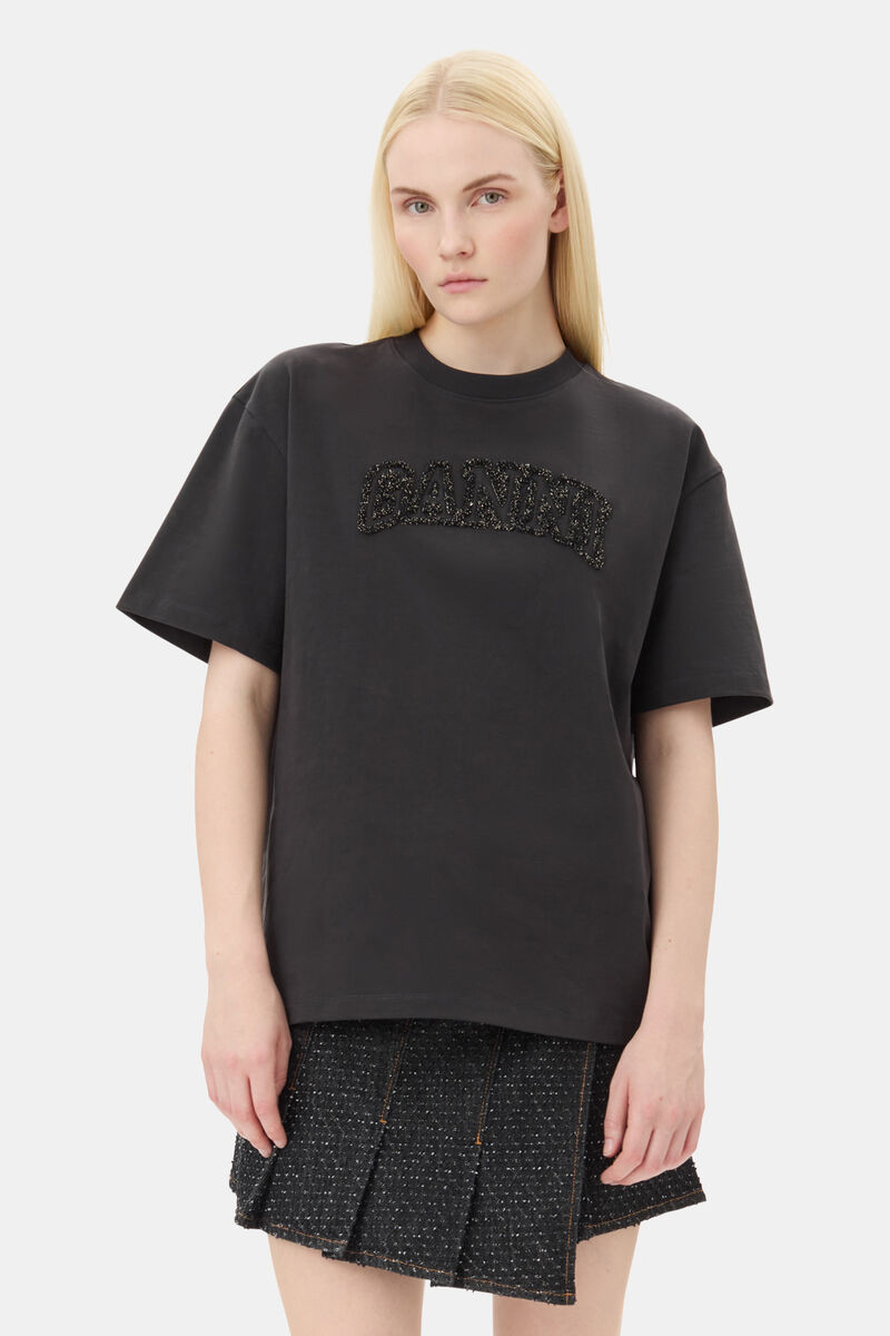 Black Heavy Cotton Drop Shoulder T-shirt, Cotton, in colour Phantom - 1 - GANNI