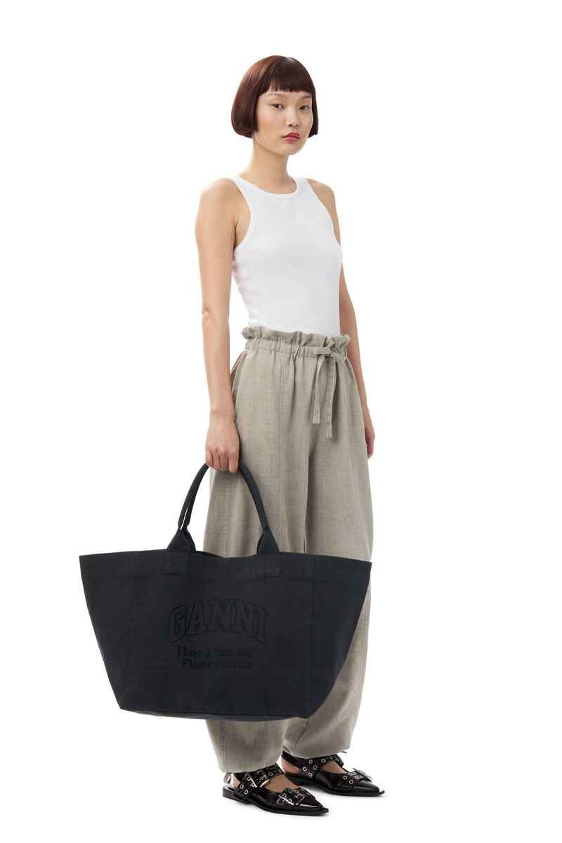Black Oversized Canvas Tote Bag, Recycled Cotton, in colour Phantom - 2 - GANNI
