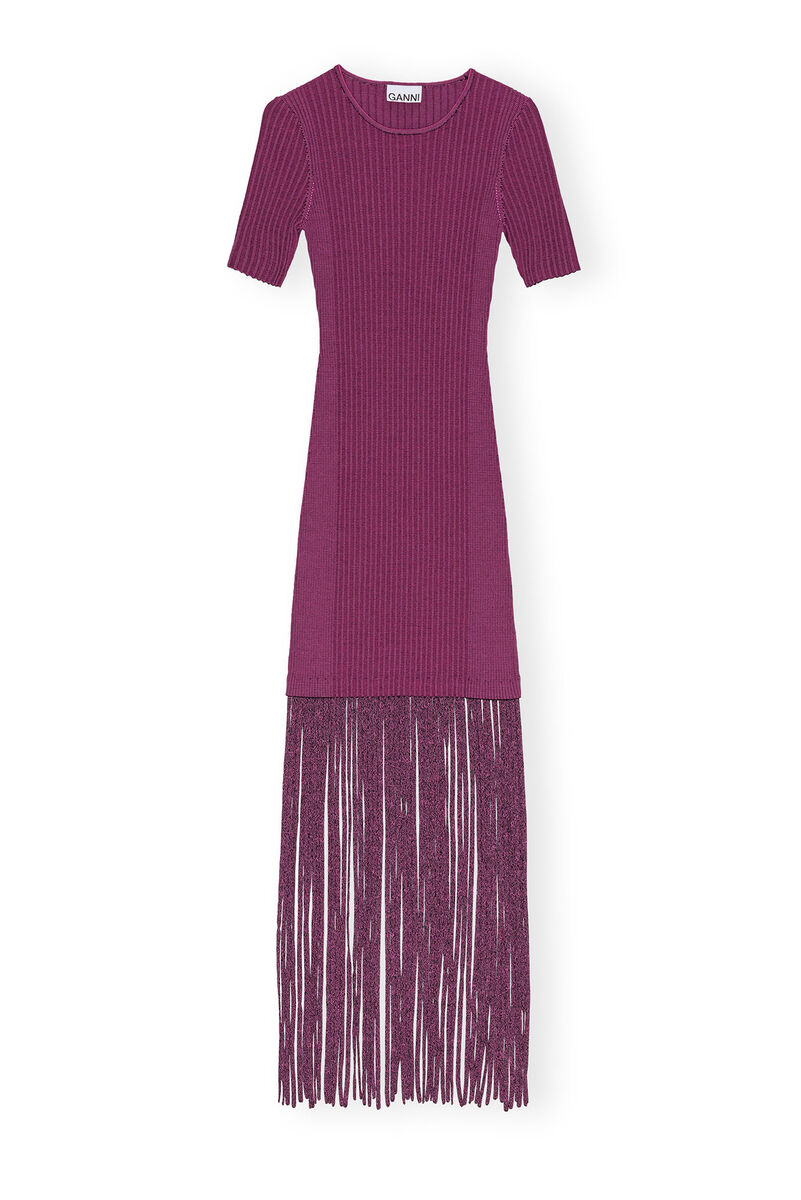 Purple Melange Knit Fringe Short Sleeve Mini klänning, Elastane, in colour Fiji Flower - 1 - GANNI