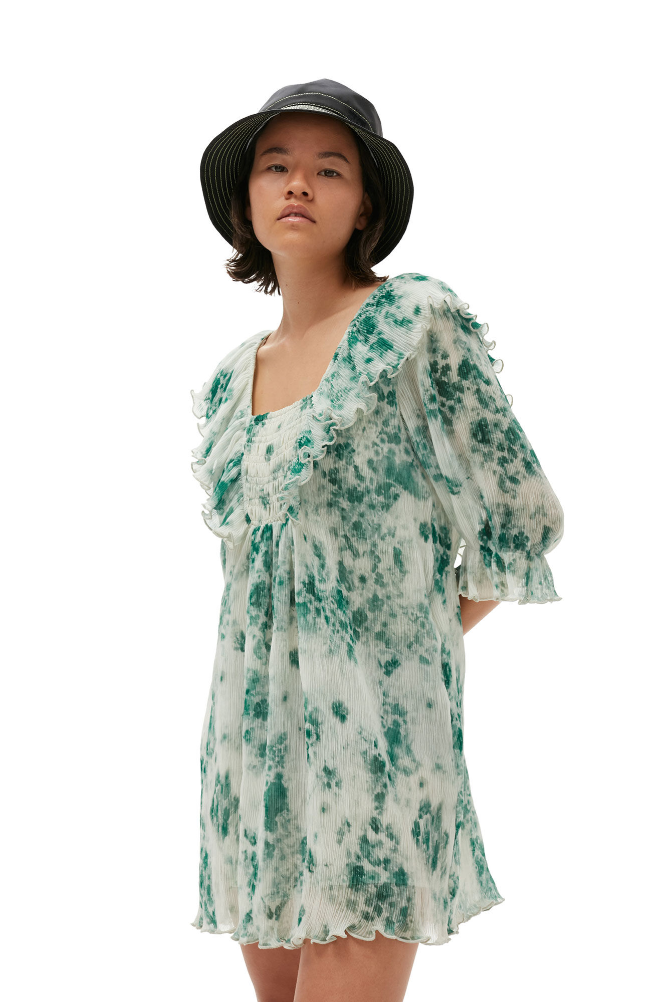 Pleated Georgette Ruffle Mini Dress, Recycled Polyester, in colour Egret - 3 - GANNI