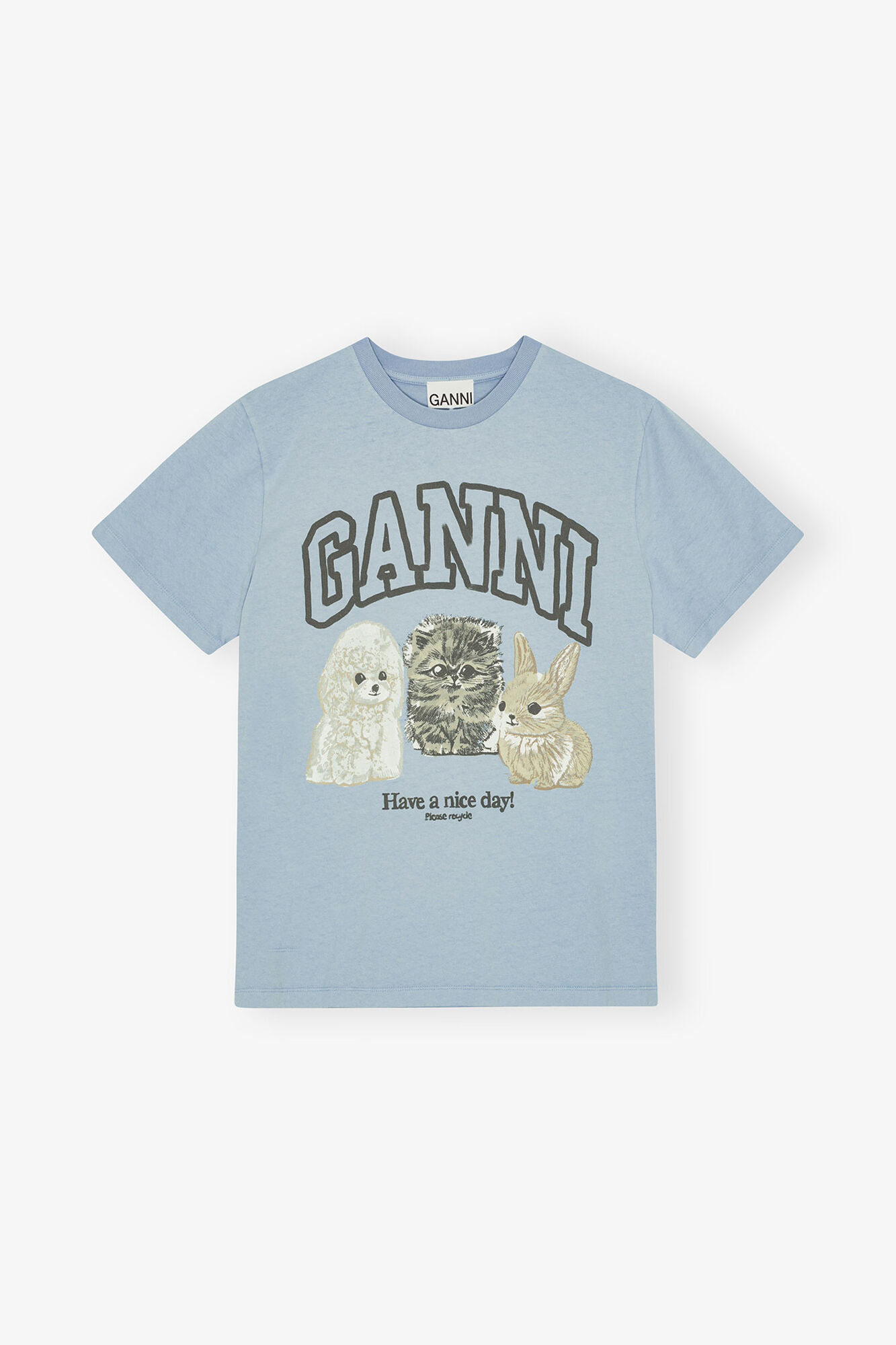 Blue Animal Print T-shirt, Organic Cotton, in colour Chambray Blue - 1 - GANNI