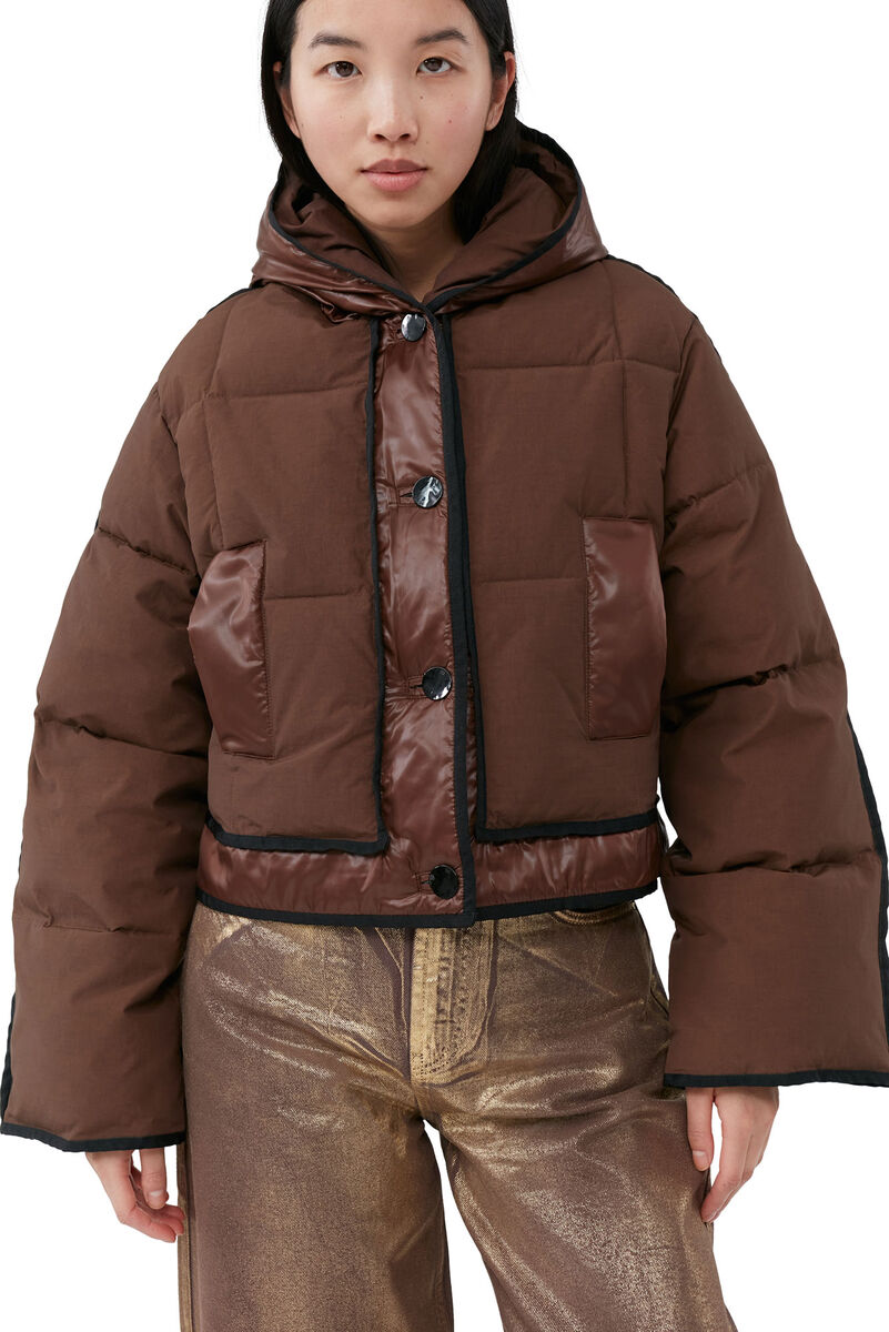 Brown Short Hooded Puffer Jacket, LENZING™ ECOVERO™, in colour Shaved Chocolate - 4 - GANNI