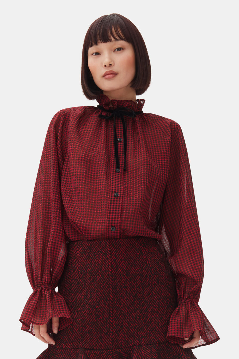 Red Sheer Tie String Shirt, Recycled Polyester, in colour Winery - 1 - GANNI