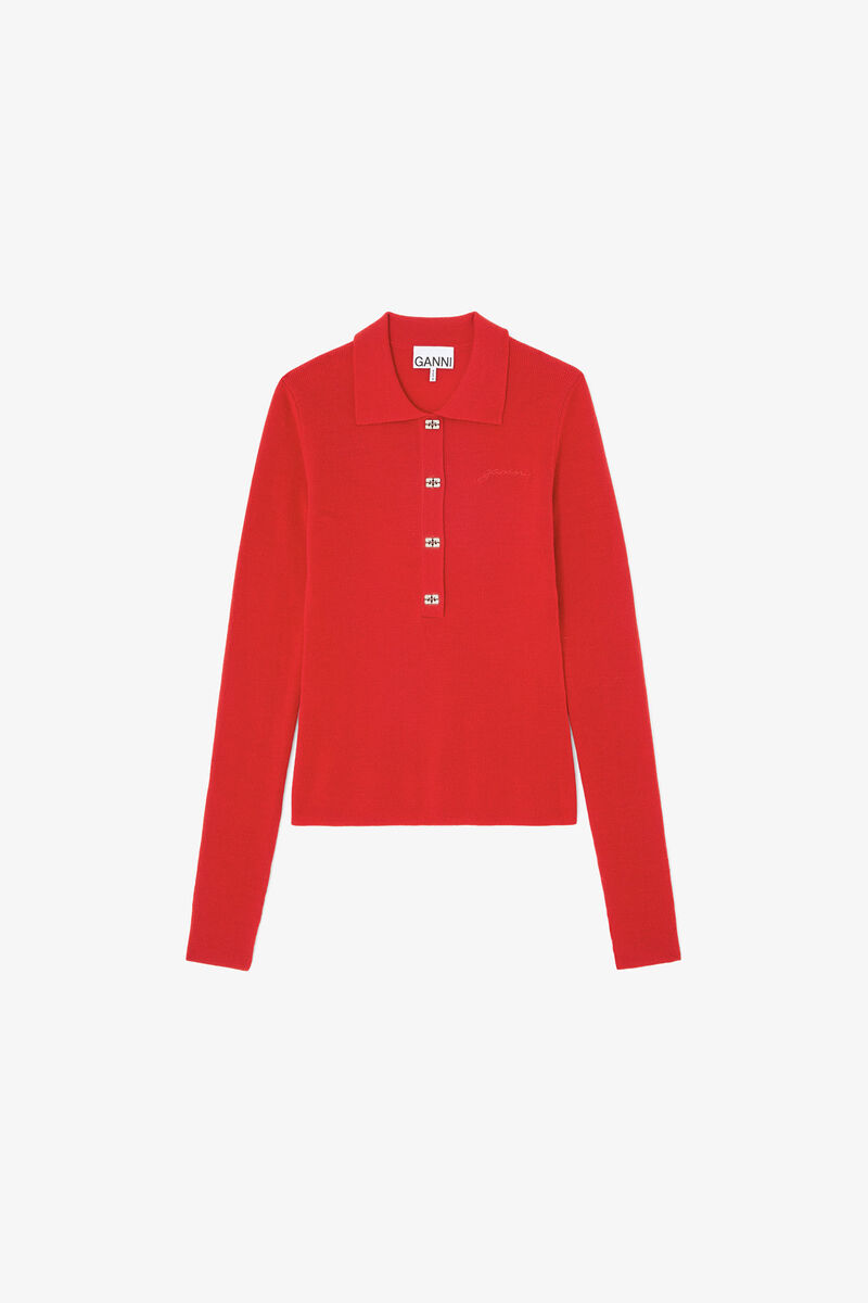 Polo Shirt in Red Merino, Wool, in colour Goji Berry - 1 - GANNI