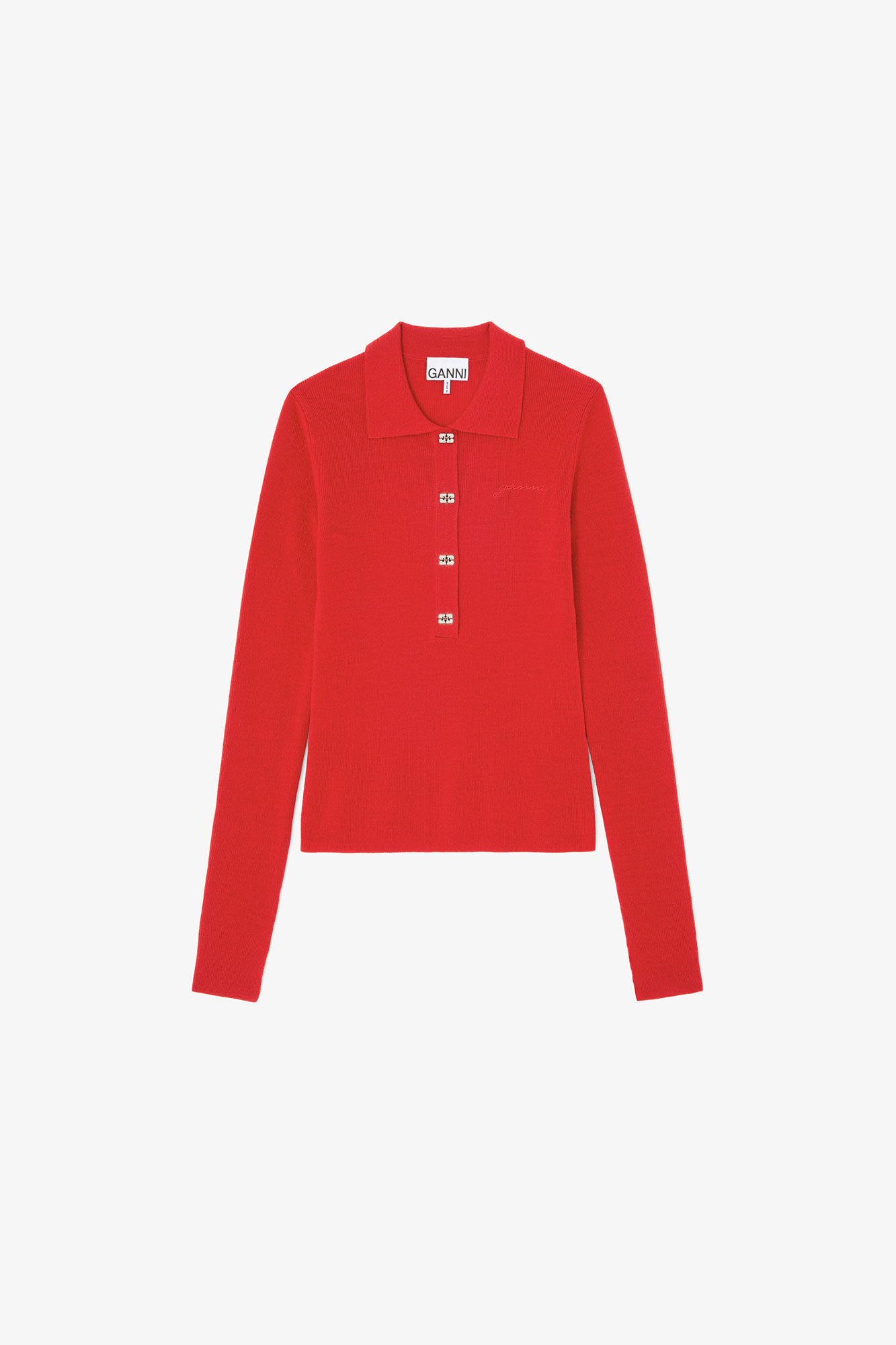 Polo Shirt in Red Merino, Wool, in colour Goji Berry - 1 - GANNI