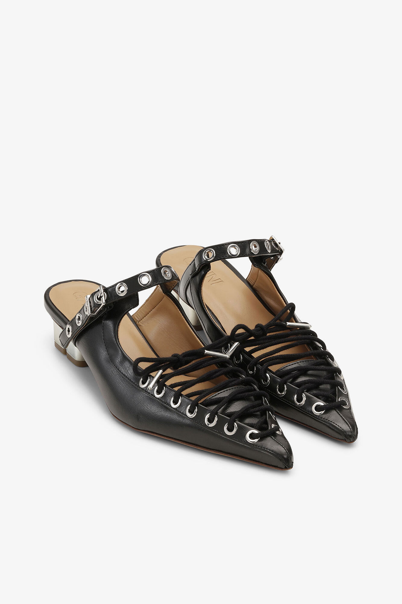 Lace-Up Mules in Black Oleatex, Polyurethane, in colour Black - 3 - GANNI