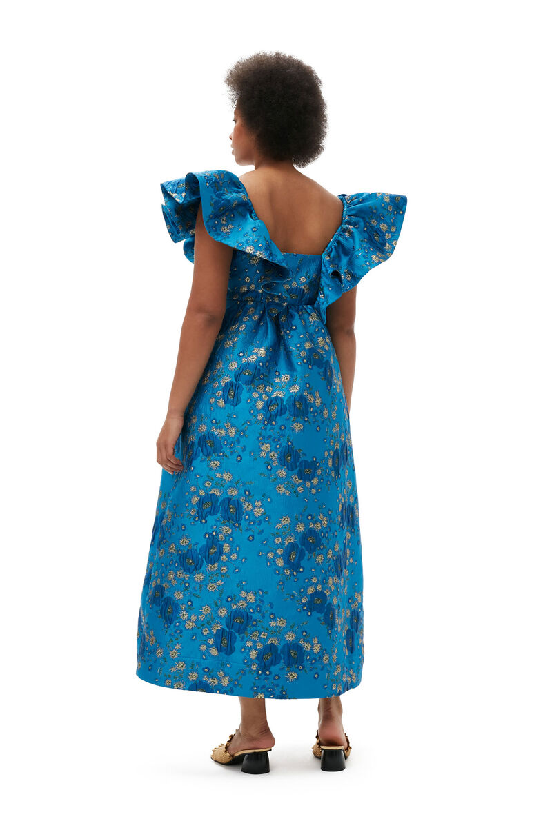 3D Jacquard Ruffle Midi Dress, Elastane, in colour Brilliant Blue - 6 - GANNI