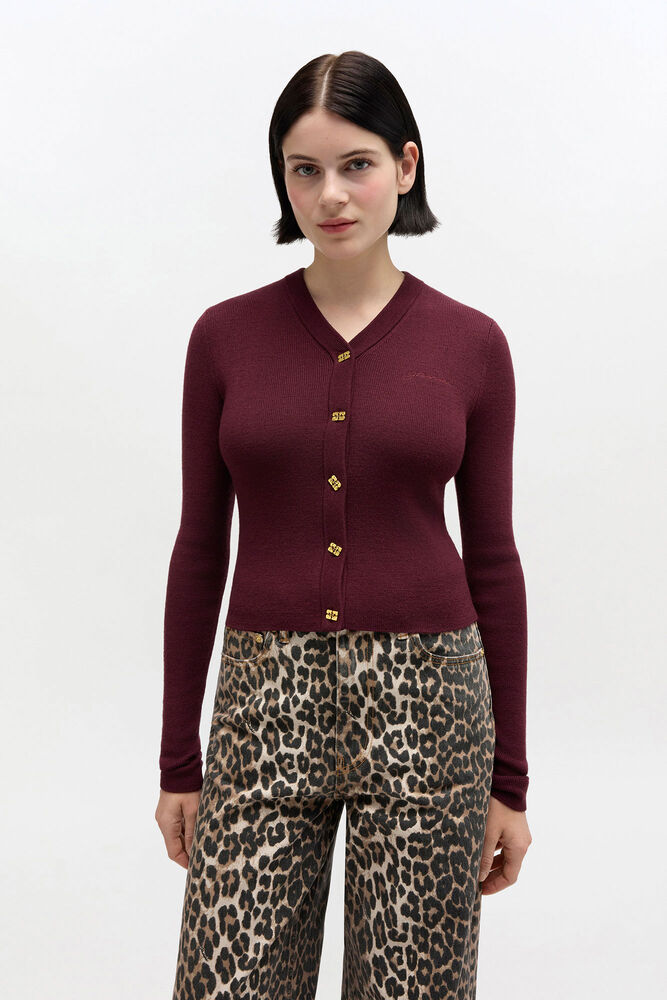 Ribbad cardigan med V-ringning, Red Dahlia