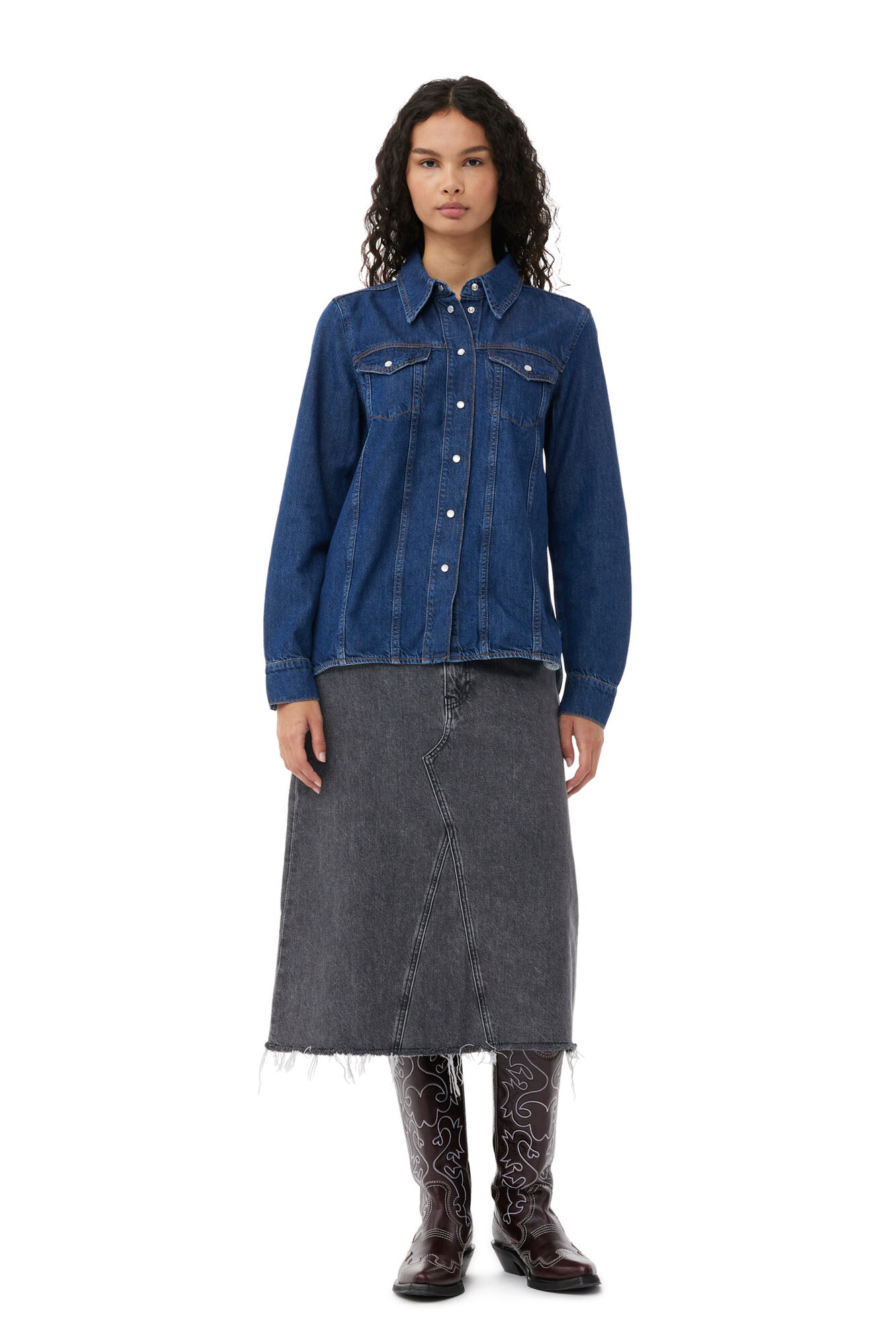 Re-Cut Denim Shirt, Lyocell, in colour Mid Blue Stone - 1 - GANNI
