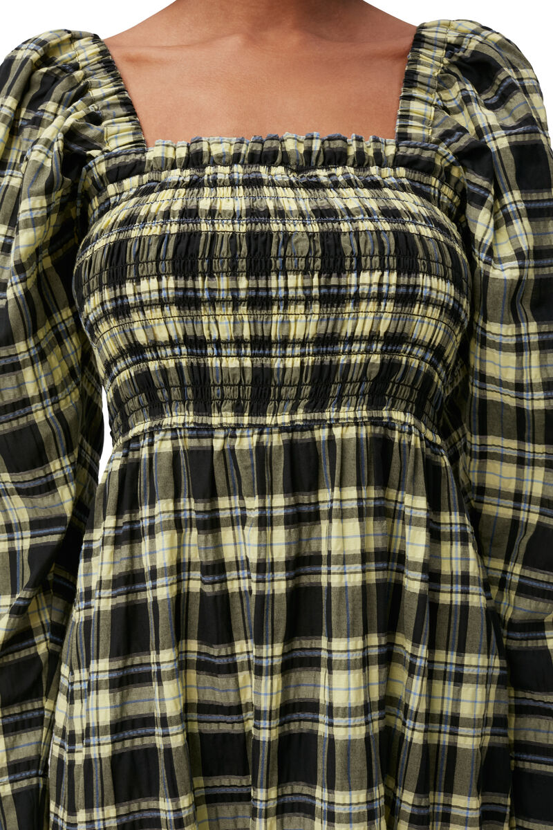 Rutig maxiklänning i seersuckertyg, Cotton, in colour Check Elfin Yellow - 3 - GANNI