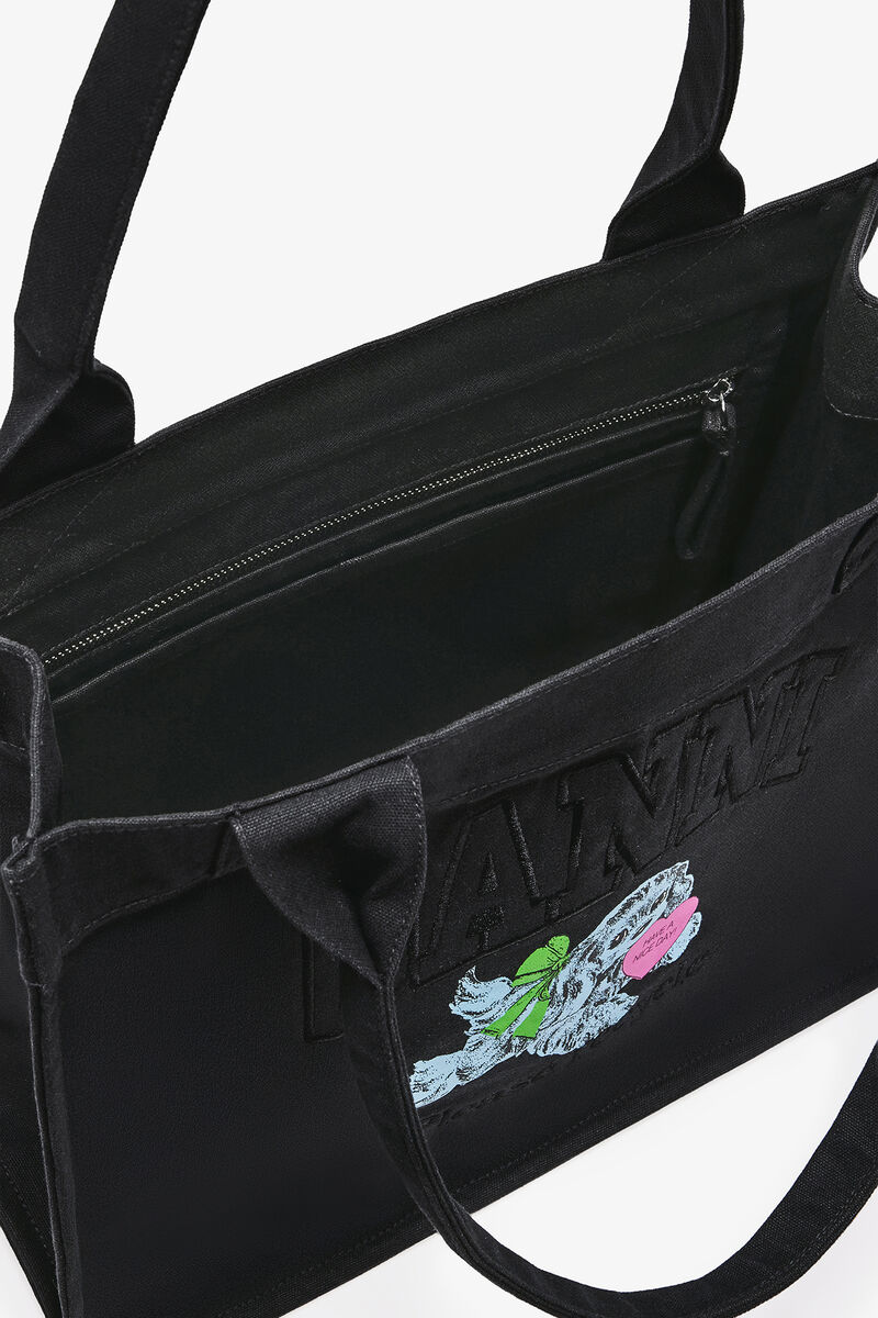 Black Puppy Large Tote, Recycled Cotton, in colour Phantom - 3 - GANNI