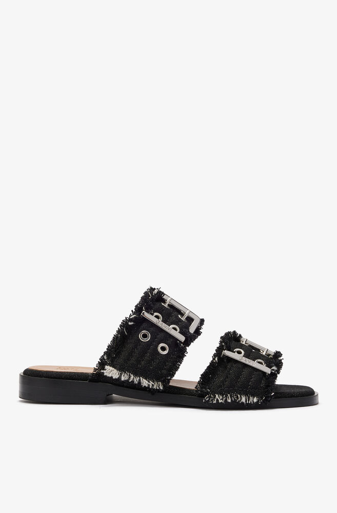 Feminina denimsandaler med spänne och dubbelrem, Black