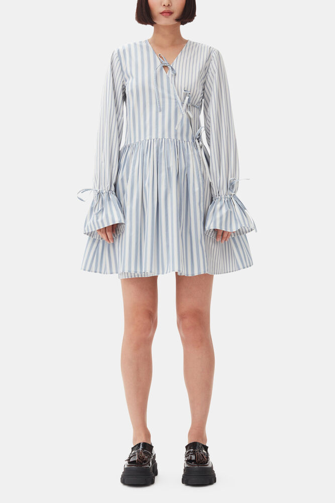 Blue Stripe Cotton Mini Wrap Dress, Egret