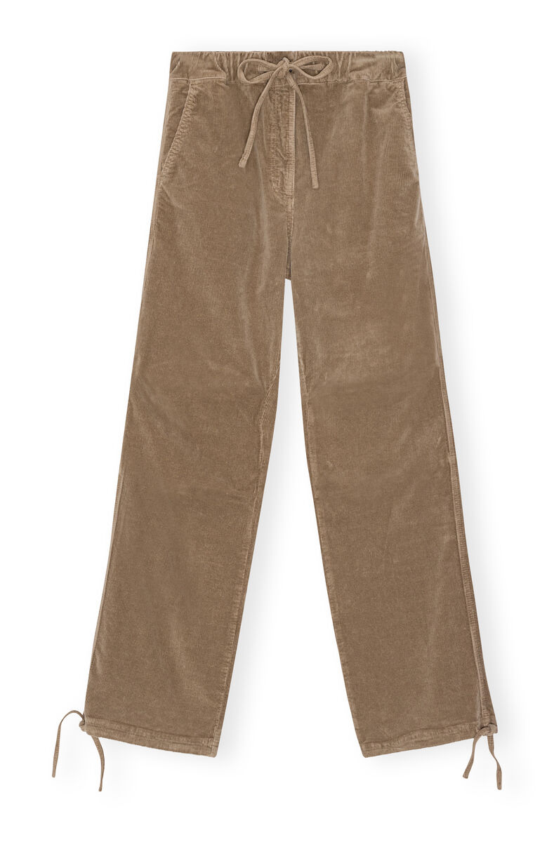 Brown Washed Corduroy Drawstring Trousers, Elastane, in colour Fallen Rock - 1 - GANNI
