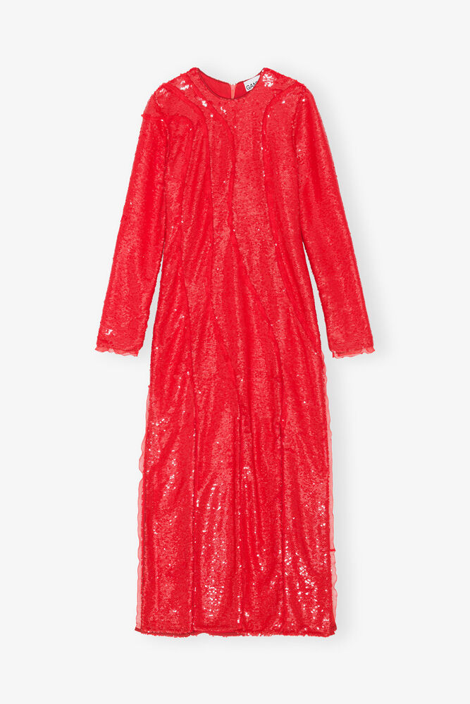 Red Sequins Maxi Dress, Fiery Red