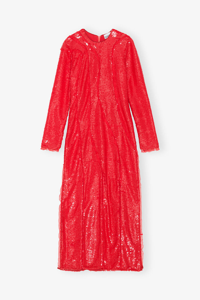 Robe longue &agrave; paillettes rouges, Recycled Polyester, in colour Fiery Red - 1 - GANNI