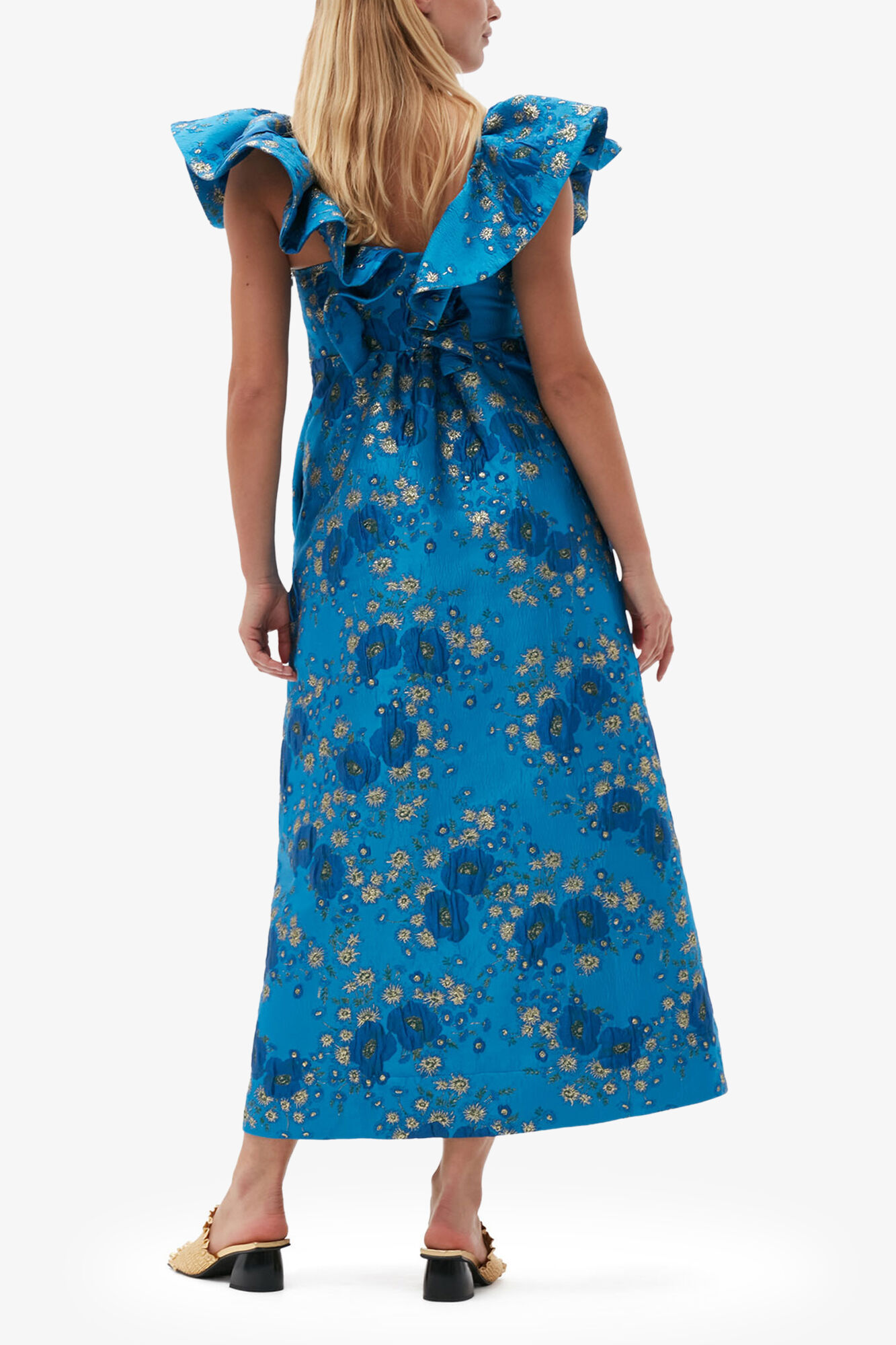 3D Jacquard Ruffle Midi Dress, Recycled Polyester, in colour Brilliant Blue - 2 - GANNI