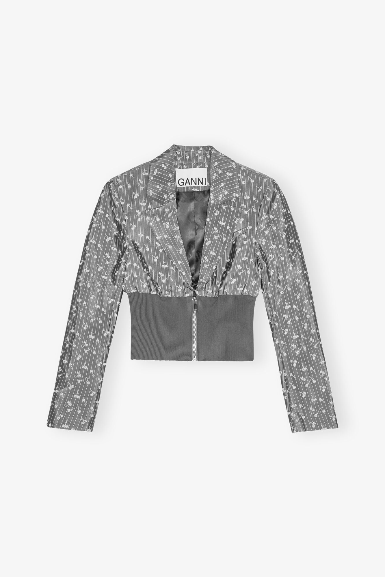 Grey Jacquard Cropped Blazer, Acetate, in colour Smoked Pearl - 1 - GANNI