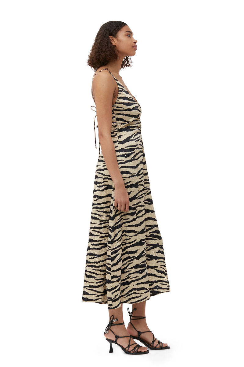 Crinkled Satin Maxi Strap Dress, Elastane, in colour Pale Khaki - 3 - GANNI