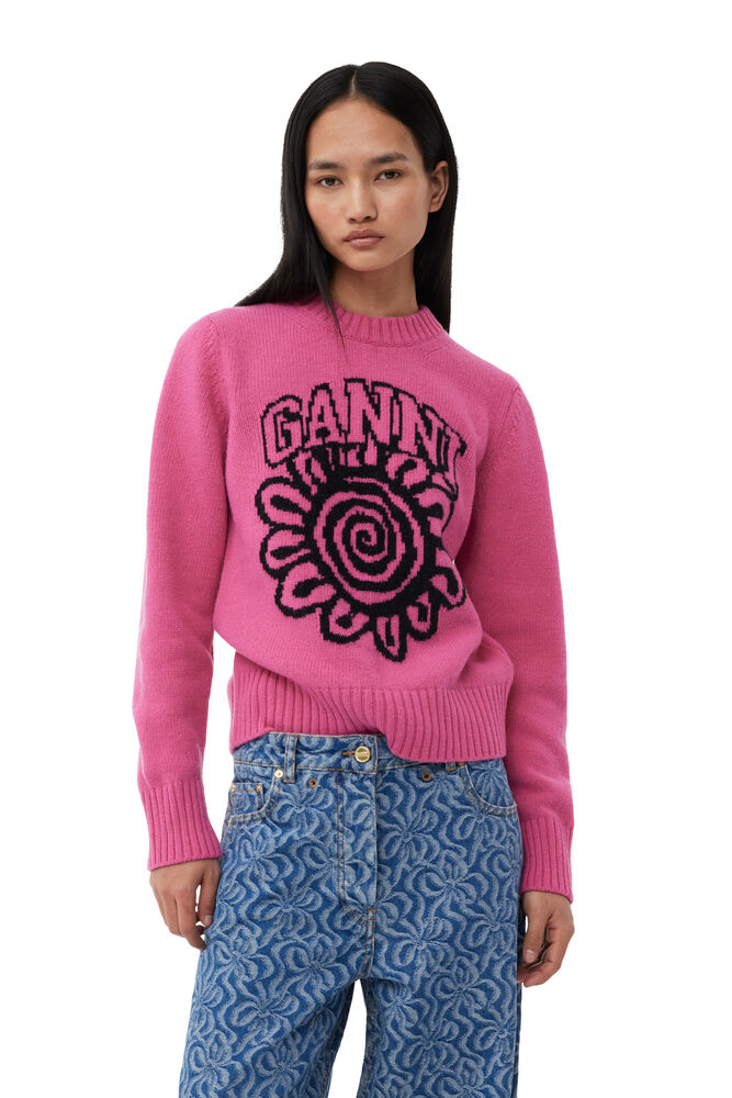 Pink Flower Graphic O-neck Pullover, Cone Flower