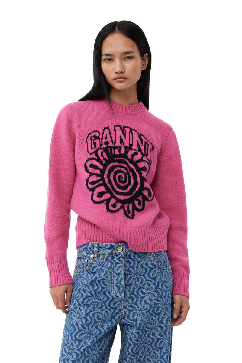 Pink Flower Graphic O-neck Pullover, Recycled Polyamide, in colour Cone Flower - 1 - GANNI