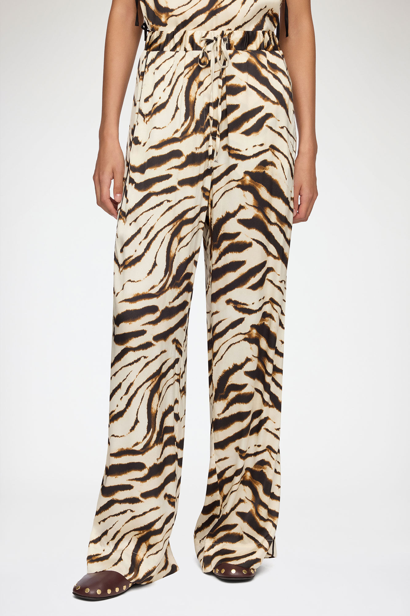 Trousers in Zebra Satin, Viscose, in colour Egret - 2 - GANNI