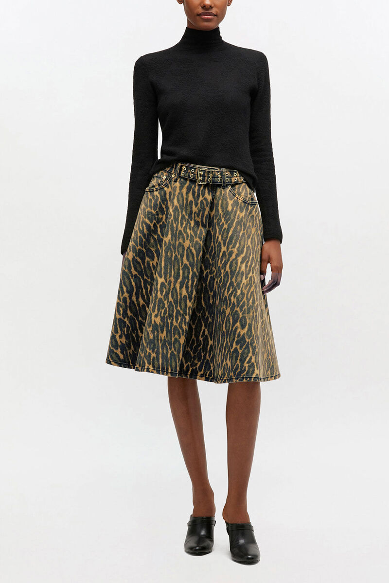 Leopard Denim Wrap Skirt, Organic Cotton, in colour Khaki - 2 - GANNI