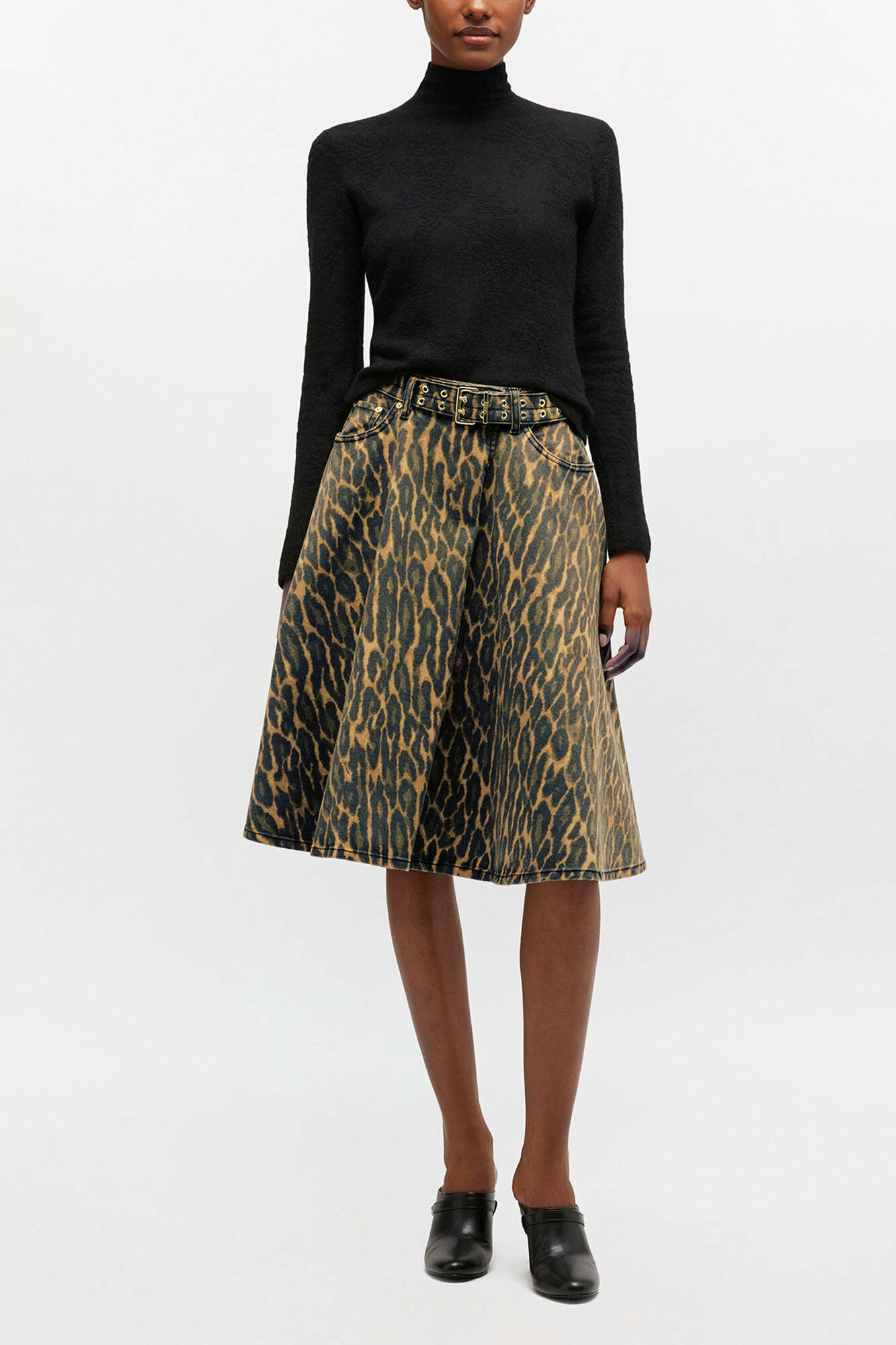 Leopard Denim Wrap Skirt, Organic Cotton, in colour Khaki - 2 - GANNI