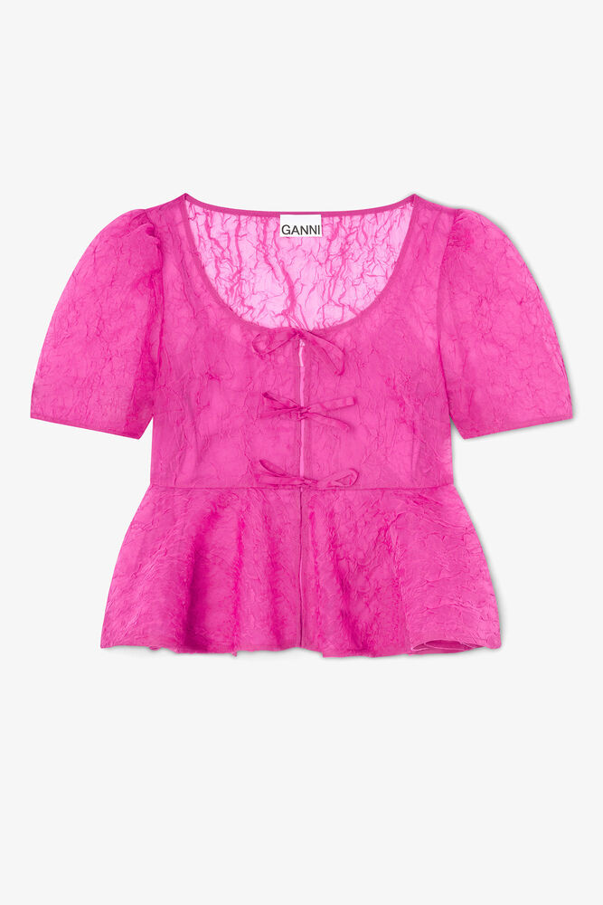 Peplum Blouse in Shibori Organza, Raspberry Rose