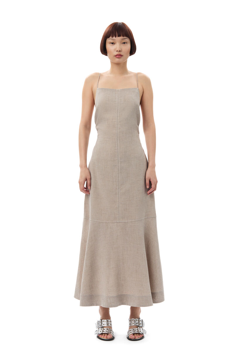 Grey Light Melange Suiting Long-kjole, Polyester, in colour Alfalfa - 1 - GANNI