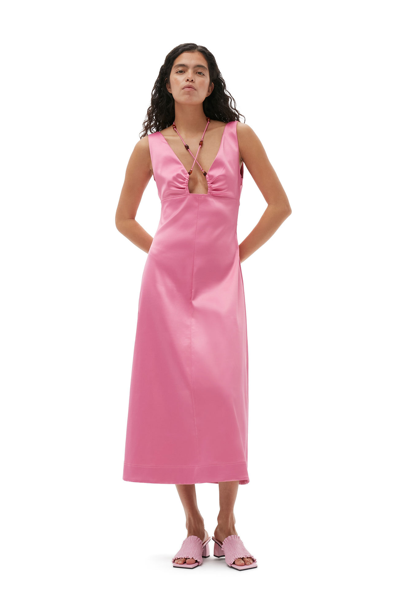 Neckholder-Kleid aus Doppel-Satin, Elastane, in colour Wild Orchid - 1 - GANNI