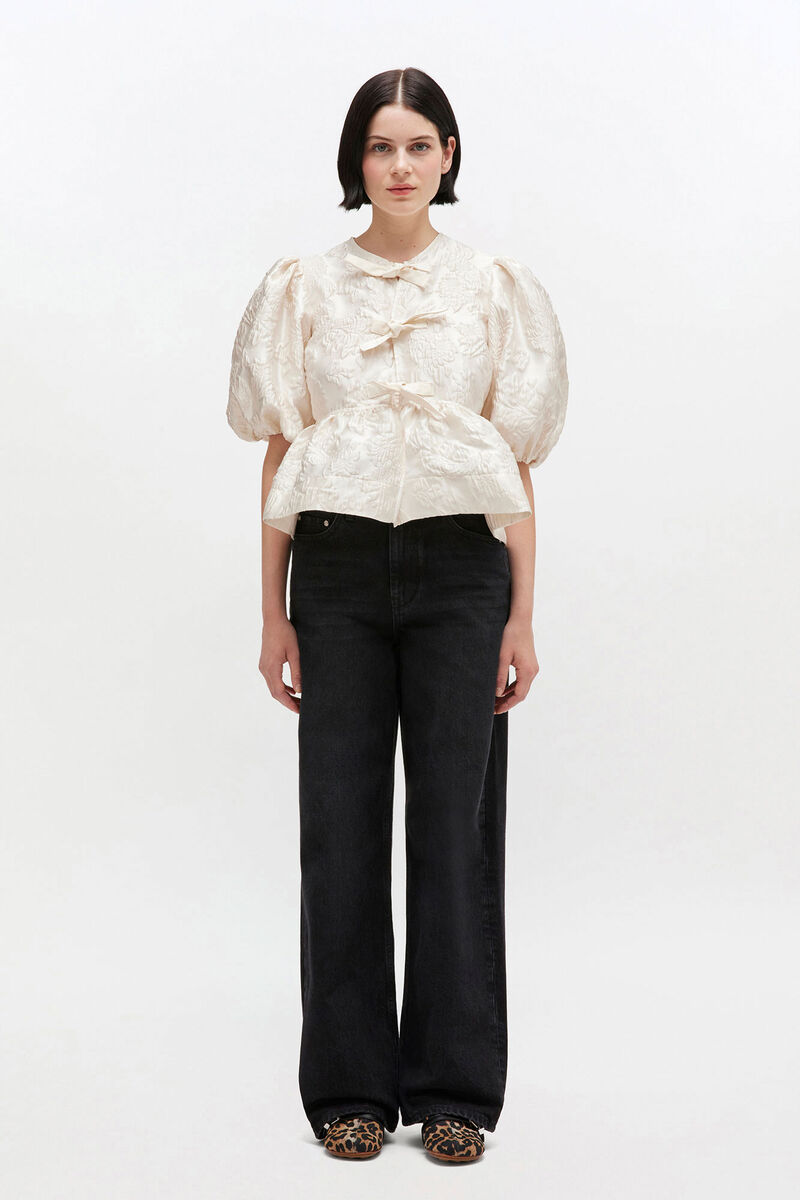 Satin Peplum Tie Blouse, in colour Egret - 2 - GANNI