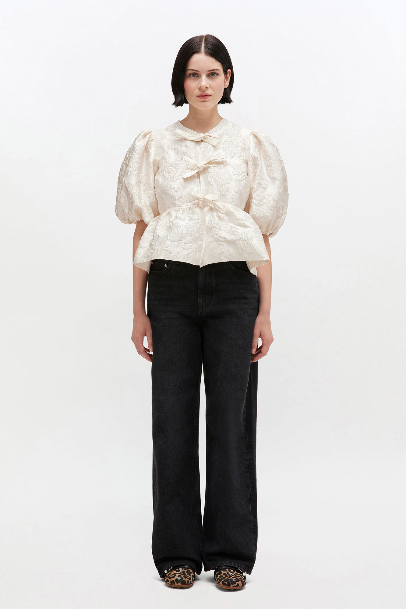 Satin Peplum Tie Blouse, in colour Egret - 2 - GANNI