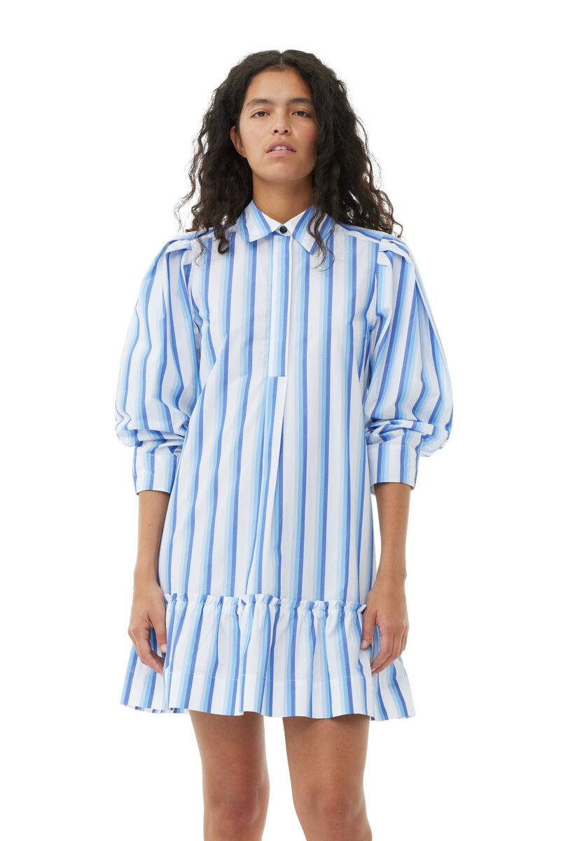 Blue Striped Cotton Mini Shirt klänning, Cotton, in colour Silver Lake Blue - 2 - GANNI
