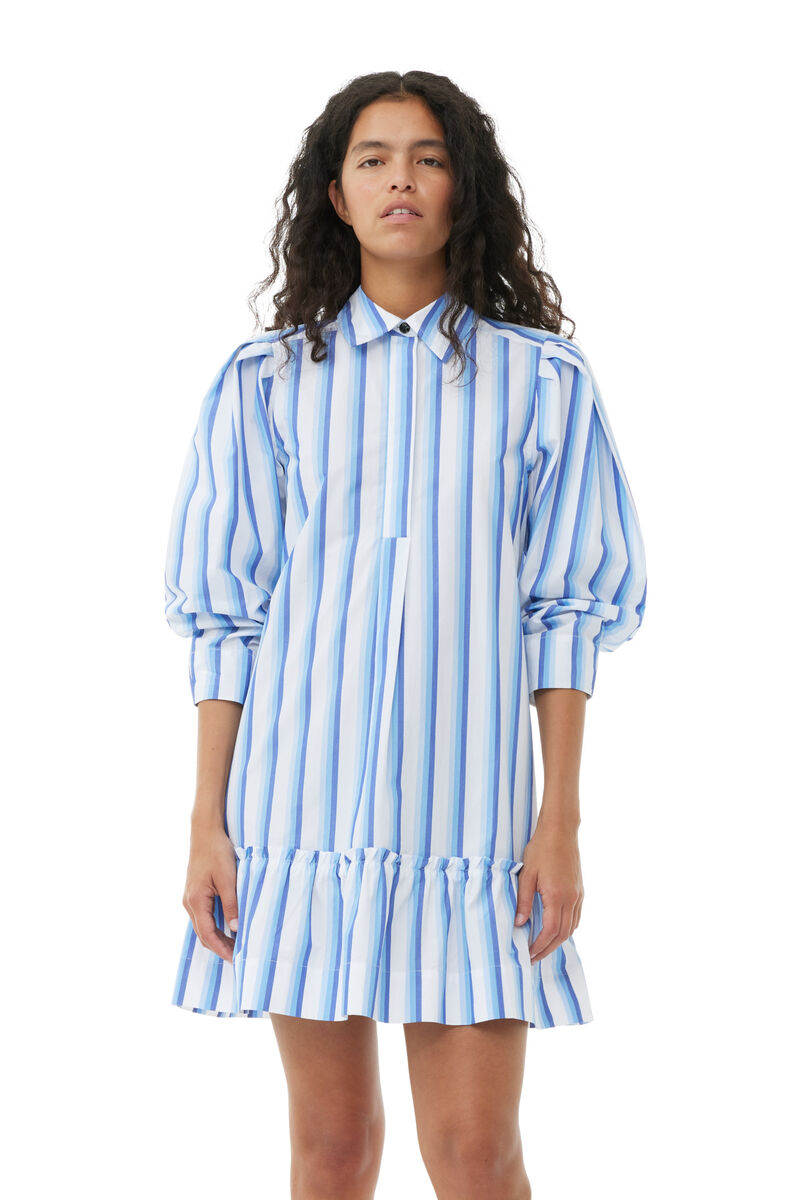 Blue Striped Cotton Mini Shirt Kjole, Cotton, in colour Silver Lake Blue - 2 - GANNI