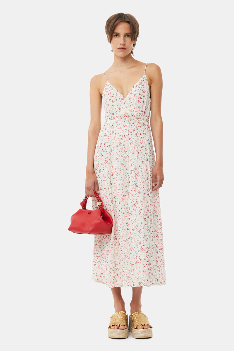 Printed Georgette Strap Wrap Dress, Viscose, in colour Egret - 1 - GANNI