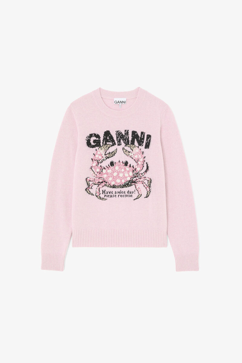 Sweater with Crab, Wool, in colour Chalk Pink - 1 - GANNI