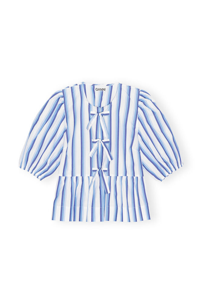 Blouse Blue Striped Cotton Poplin Peplum Tie, Silver Lake Blue