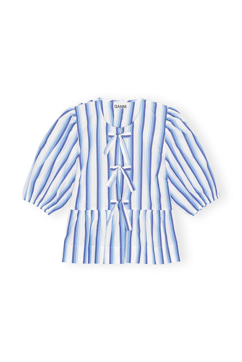 Blue Striped Cotton Poplin Peplum Tie Blouse, Cotton, in colour Silver Lake Blue - 1 - GANNI