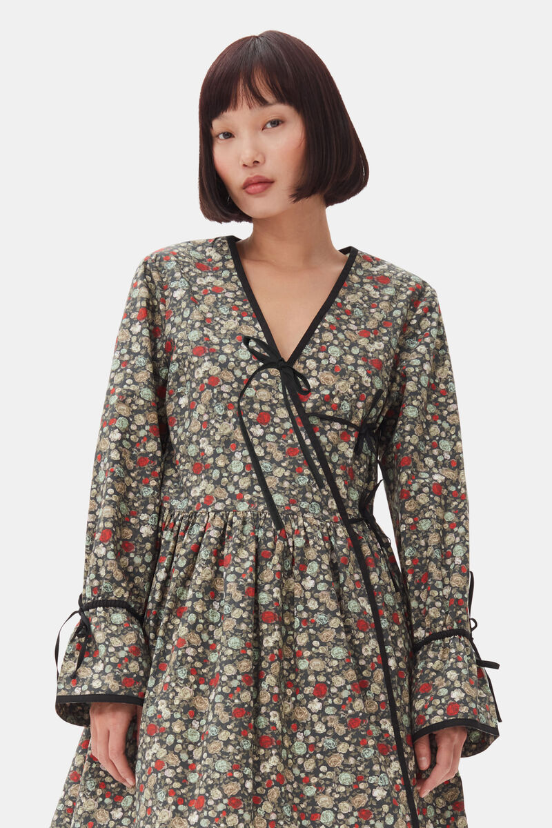 Floral Printed Wrap Dress, Cotton, in colour Black Sand - 2 - GANNI