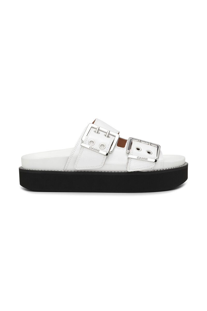Wide Welt Chunky Buckle Flat Sandals, Calf Leather, in colour Egret - 1 - GANNI