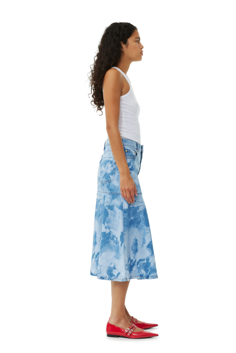 Blue Bleach Denim Flounce Midi kjol, Cotton, in colour Light Blue Stone - 3 - GANNI