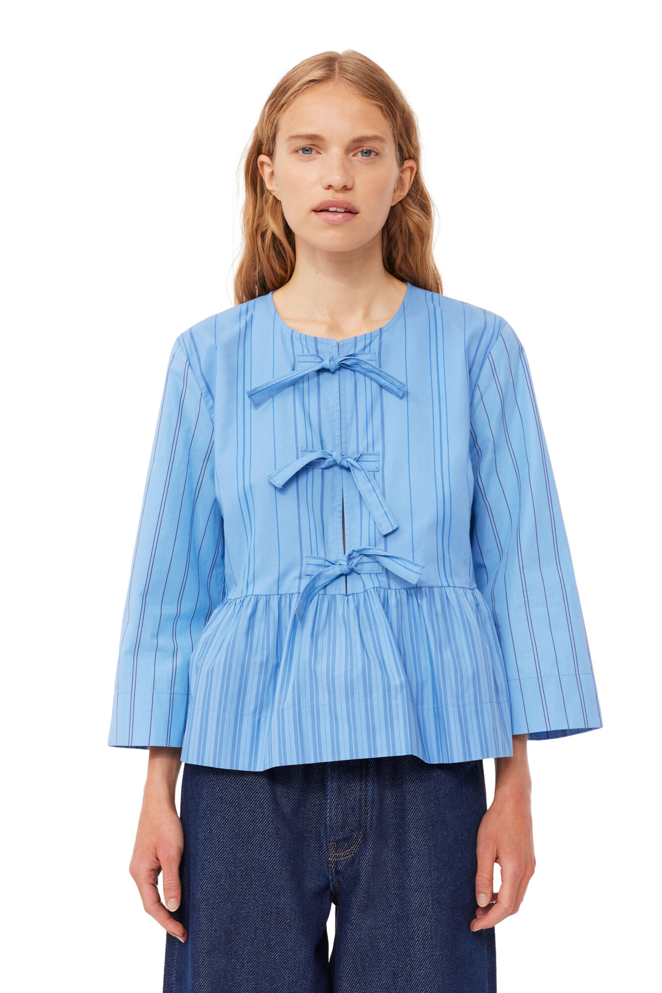 Re-cut Striped Cotton Peplum Blouse, Cotton, in colour Silver Lake Blue - 1 - GANNI