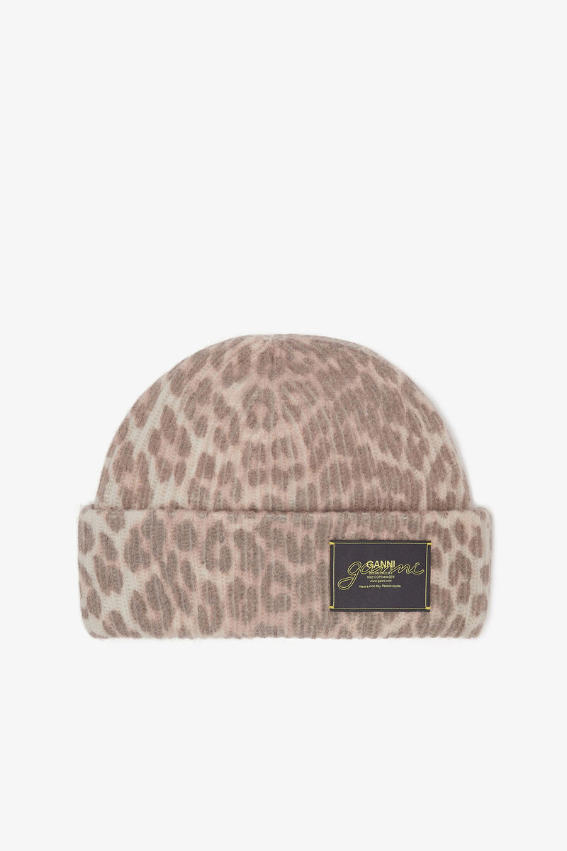 Oversized Wool Rib Knit Beanie, Wool, in colour Leopard - 1 - GANNI