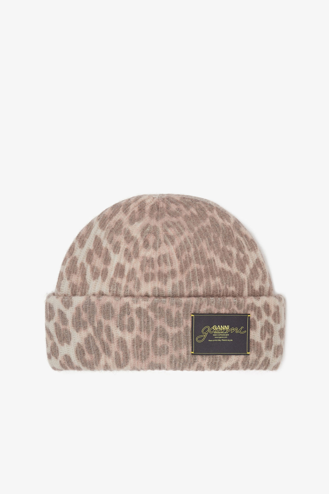 Oversized Wool Rib Knit Beanie, Wool, in colour Leopard - 1 - GANNI