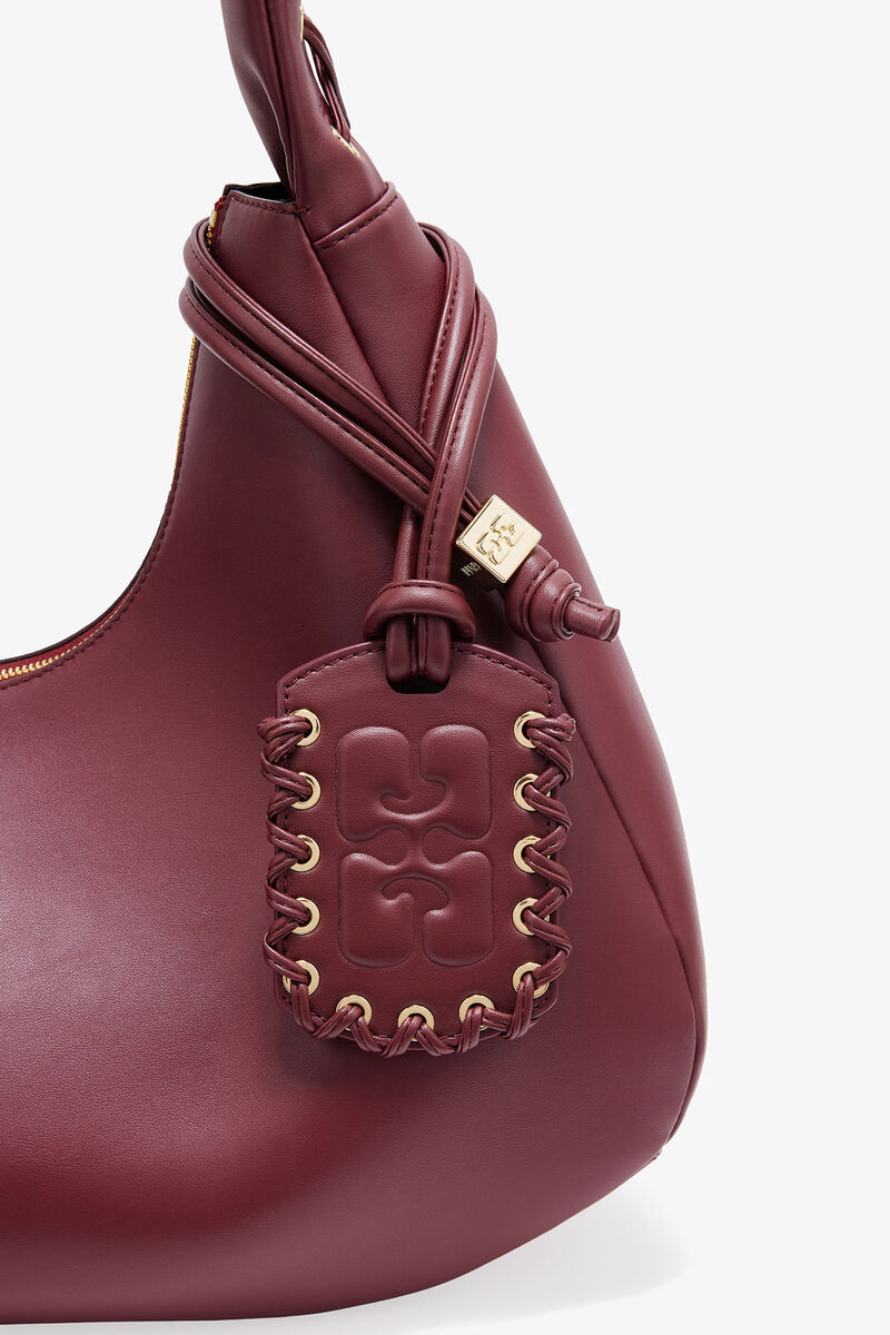 Vinröd medium hoboväska med snörning, Polyester, in colour Burgundy - 3 - GANNI