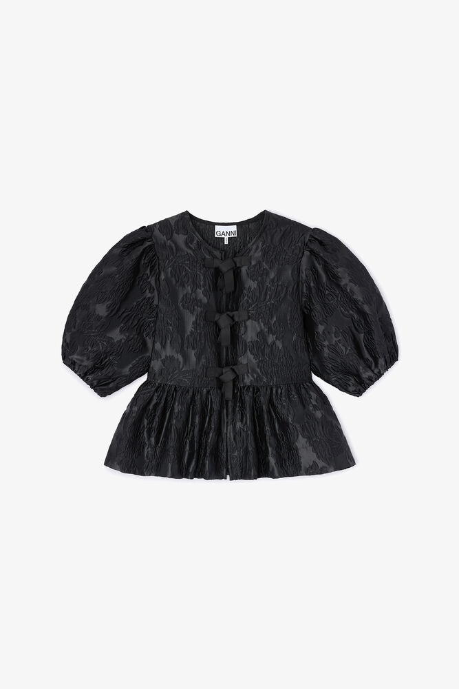 Satin Peplum Tie Blouse, Black