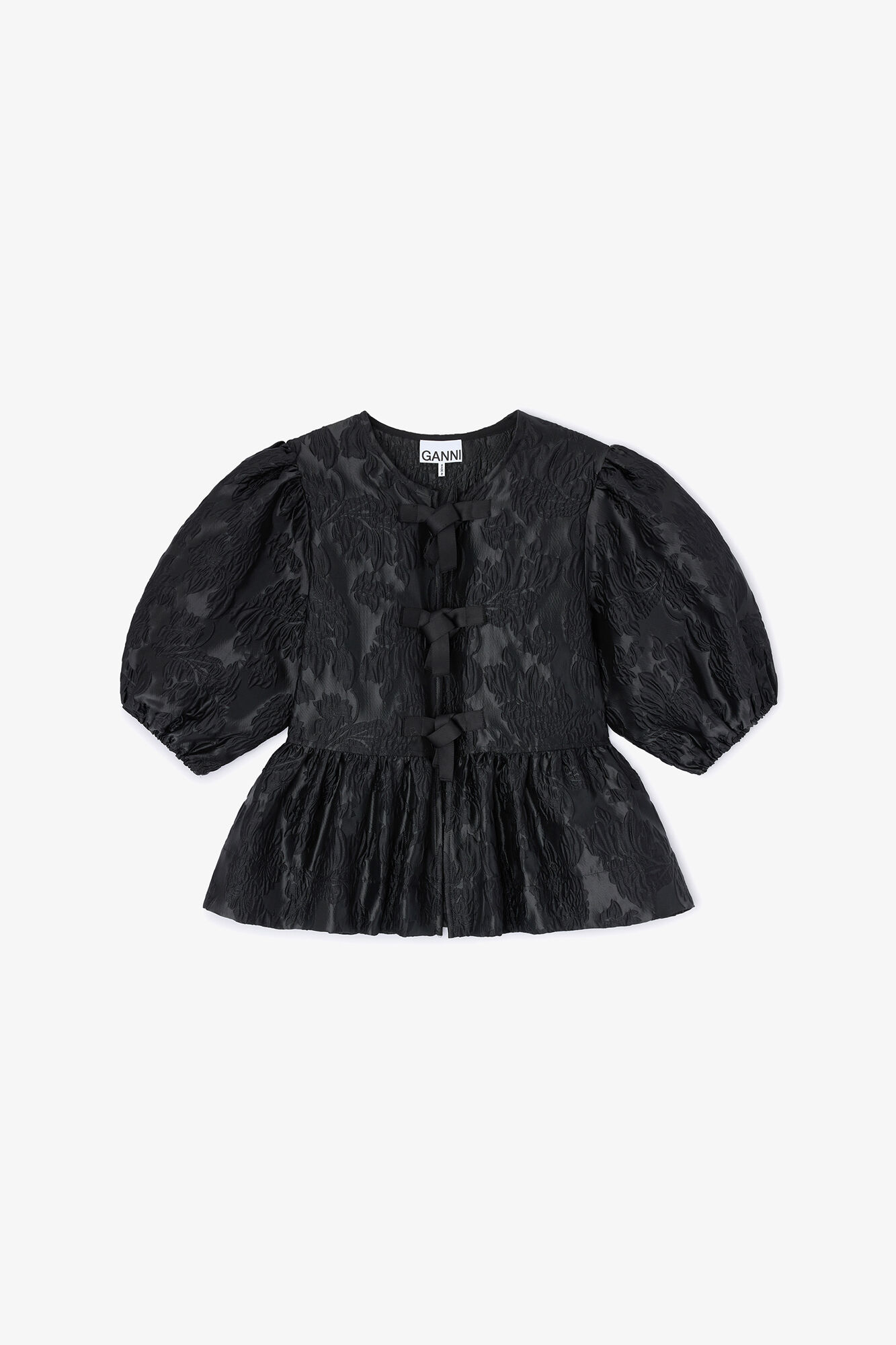Satin Peplum Tie Blouse, Recycled Polyester, in colour Black - 1 - GANNI