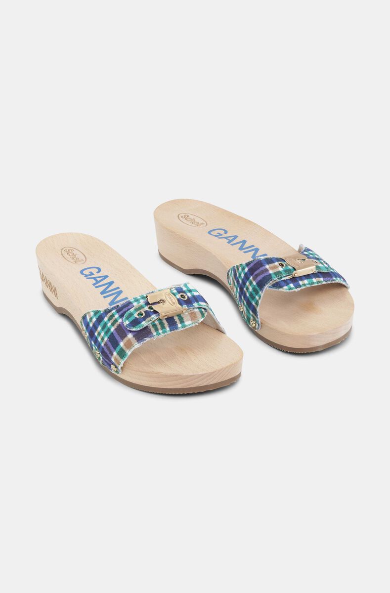 GANNI x Scholl Sandals , Recycled Cotton, in colour Check Blue Iris - 2 - GANNI